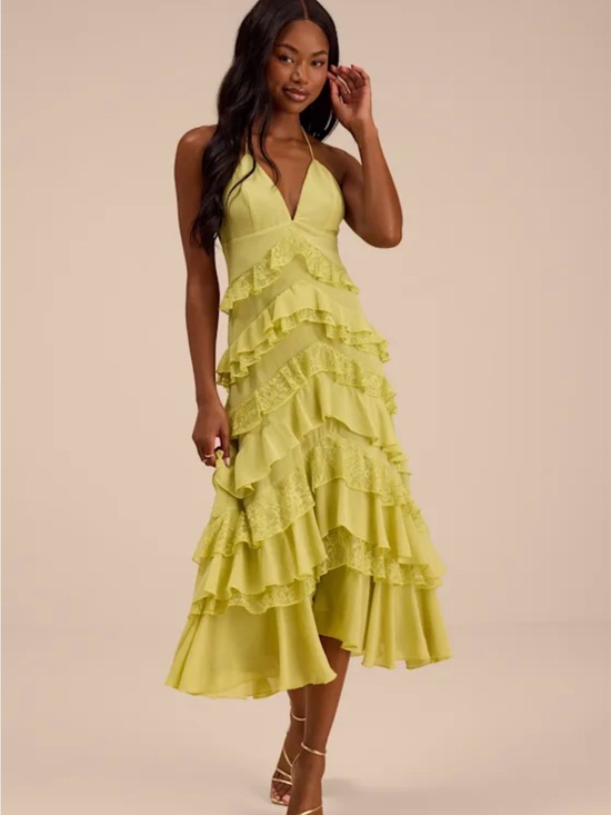 Lulus Dresses & Skirts - Lulus - NEW- “Melena Chartreuse Ruffled Lace Midi Dress Green” - Size L